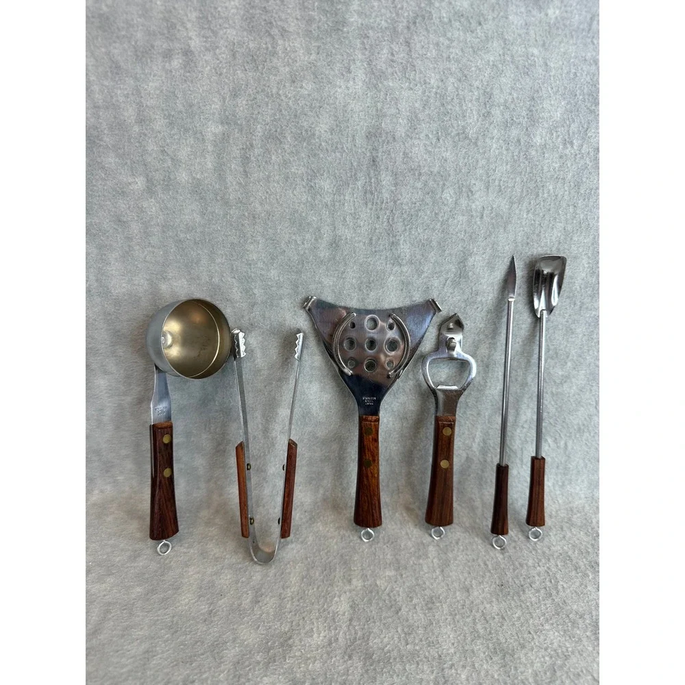 Vintage 6pc Bar Tool Set‎ Stainless Steel Rosewood Handles Japan MCM Bartender